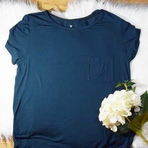 American Eagle Teal and Black Striped Tee